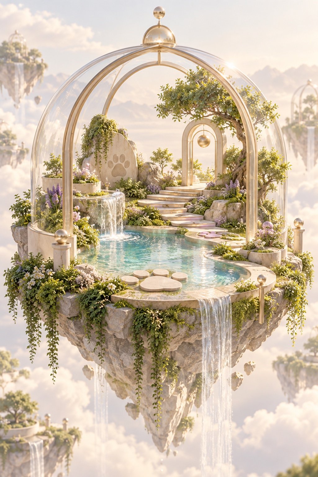 An elegant floating garden world under a glass pavilion